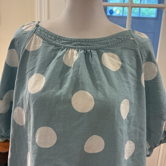 LIFT linen + viscose light blue and white polka dots top. Shortsleeved. Size M - Picture 2 of 7